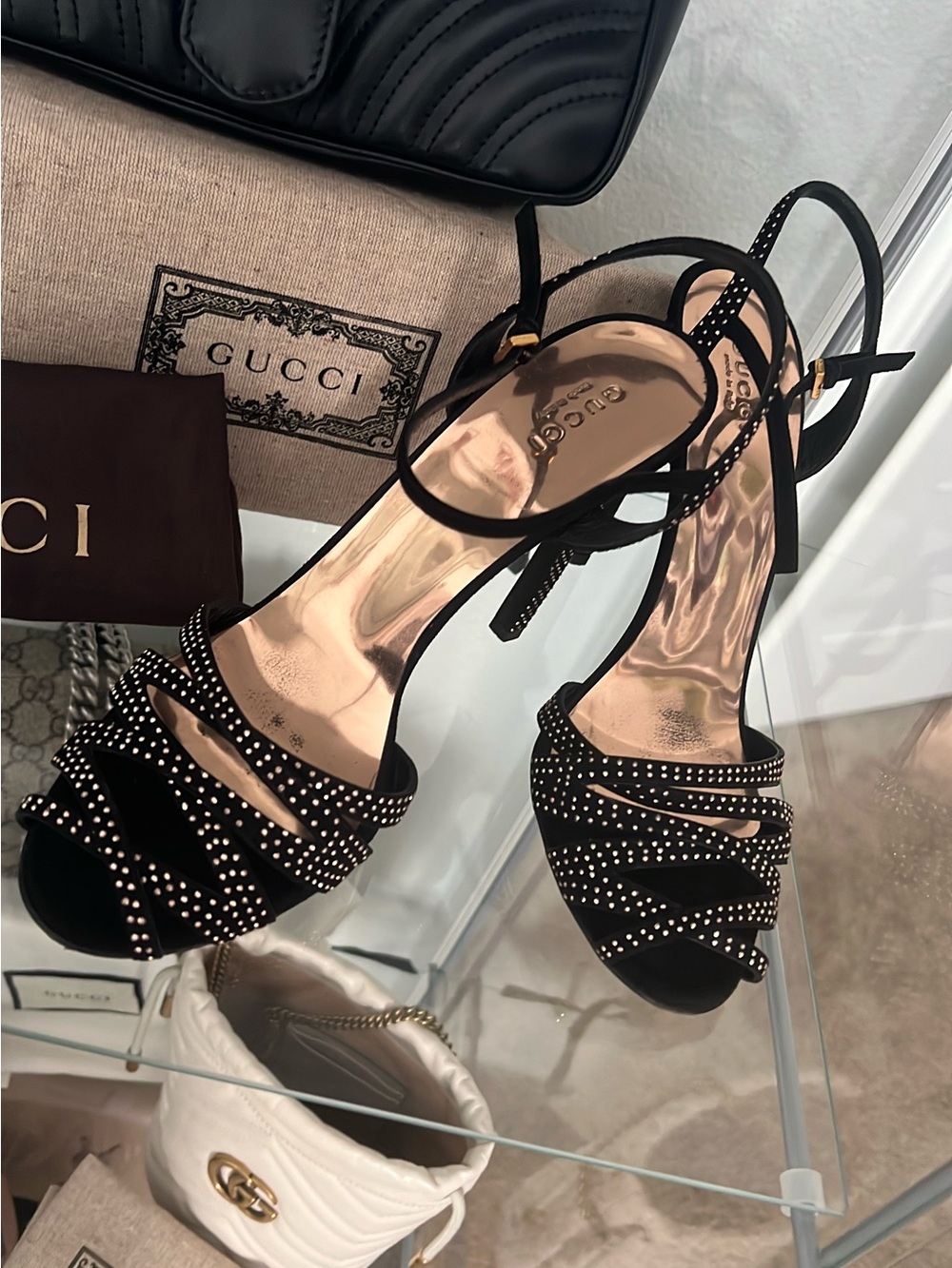Gucci Black Crystal-Studded Strappy Heels